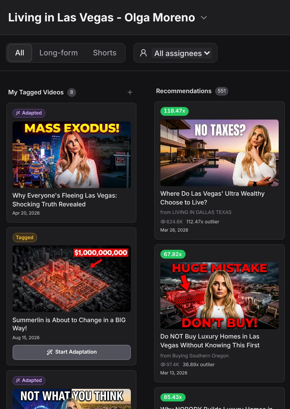 Olga Moreno's HAQ board, showing her tagged videos and the outlier recommendations column