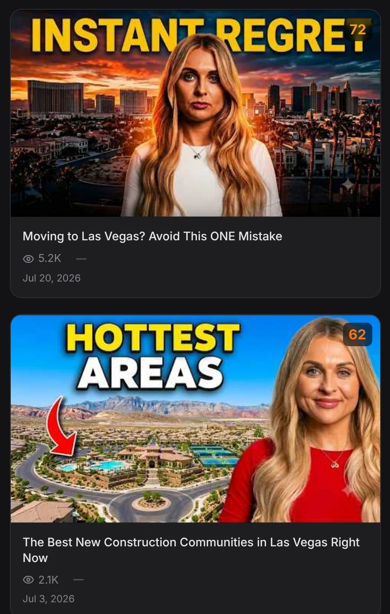 Two of Olga's posted videos in HAQ's performance view, each with its views and title score