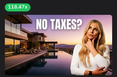Recommendation card with a 118.47x badge and a NO TAXES? thumbnail of Olga
